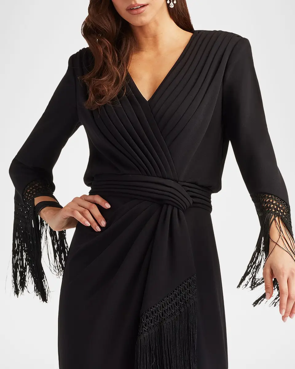 Tadashi Shoji Fringe-Trim Draped Crepe Maxi Dress | Thumbnail 4 Tadashi Shoji Fringe-Trim Draped Crepe Maxi Dress | Thumbnail 4