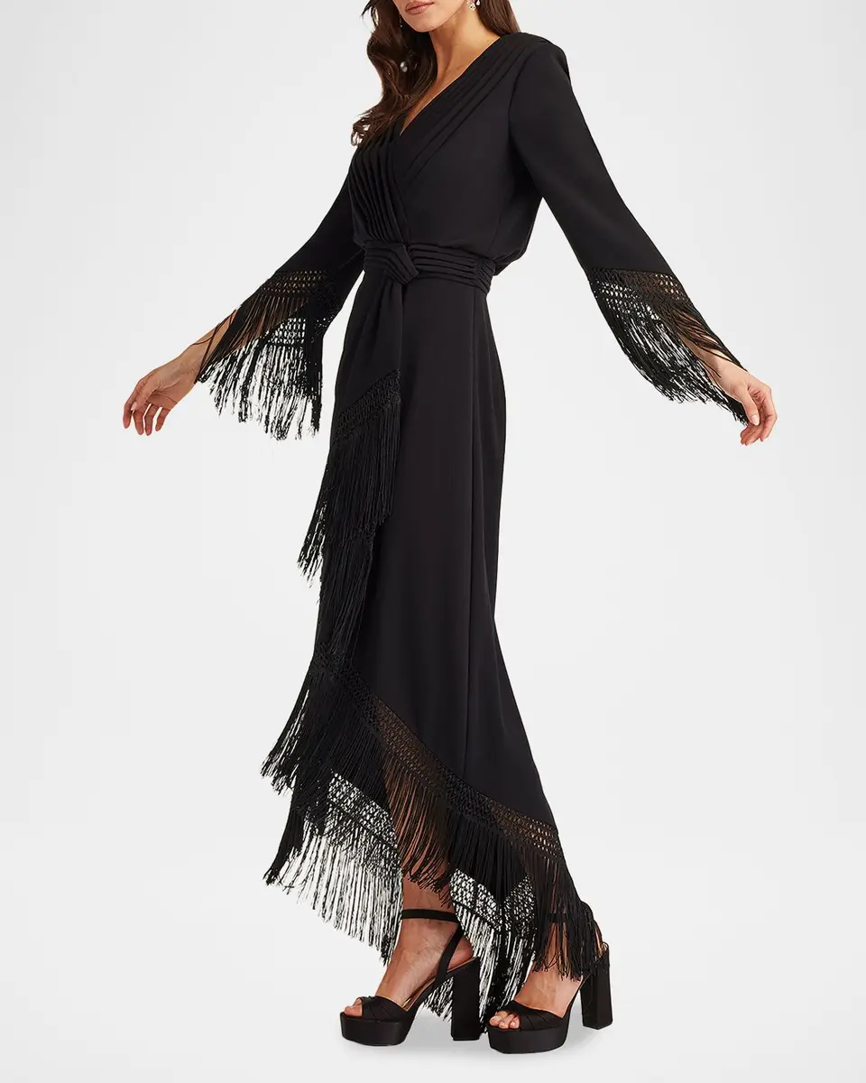 Tadashi Shoji Fringe-Trim Draped Crepe Maxi Dress | Thumbnail 5 Tadashi Shoji Fringe-Trim Draped Crepe Maxi Dress | Thumbnail 5