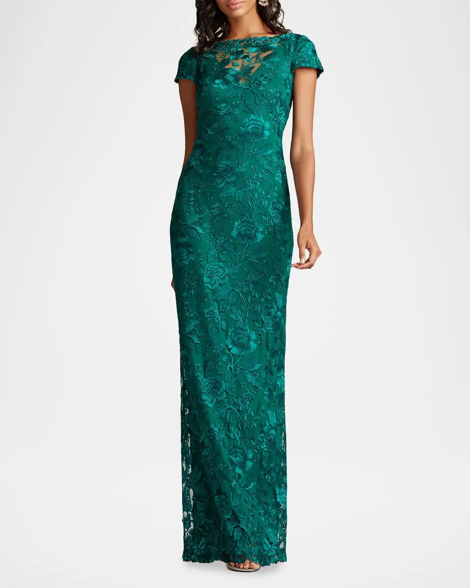 Tadashi Shoji Short-Sleeve Embroidered Tulle Column Gown | Thumbnail 2 Tadashi Shoji Short-Sleeve Embroidered Tulle Column Gown | Thumbnail 2