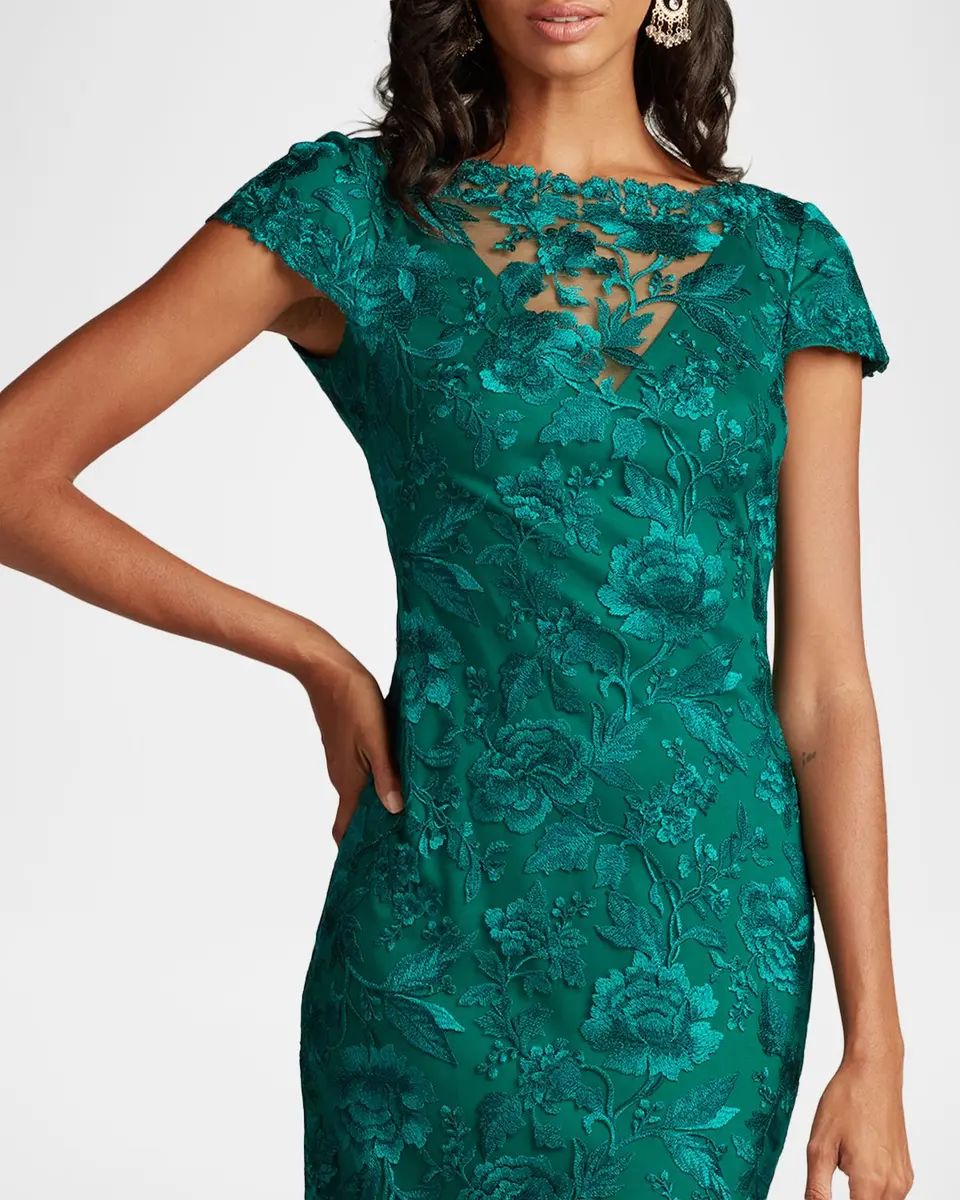 Tadashi Shoji Short-Sleeve Embroidered Tulle Column Gown | Thumbnail 4 Tadashi Shoji Short-Sleeve Embroidered Tulle Column Gown | Thumbnail 4