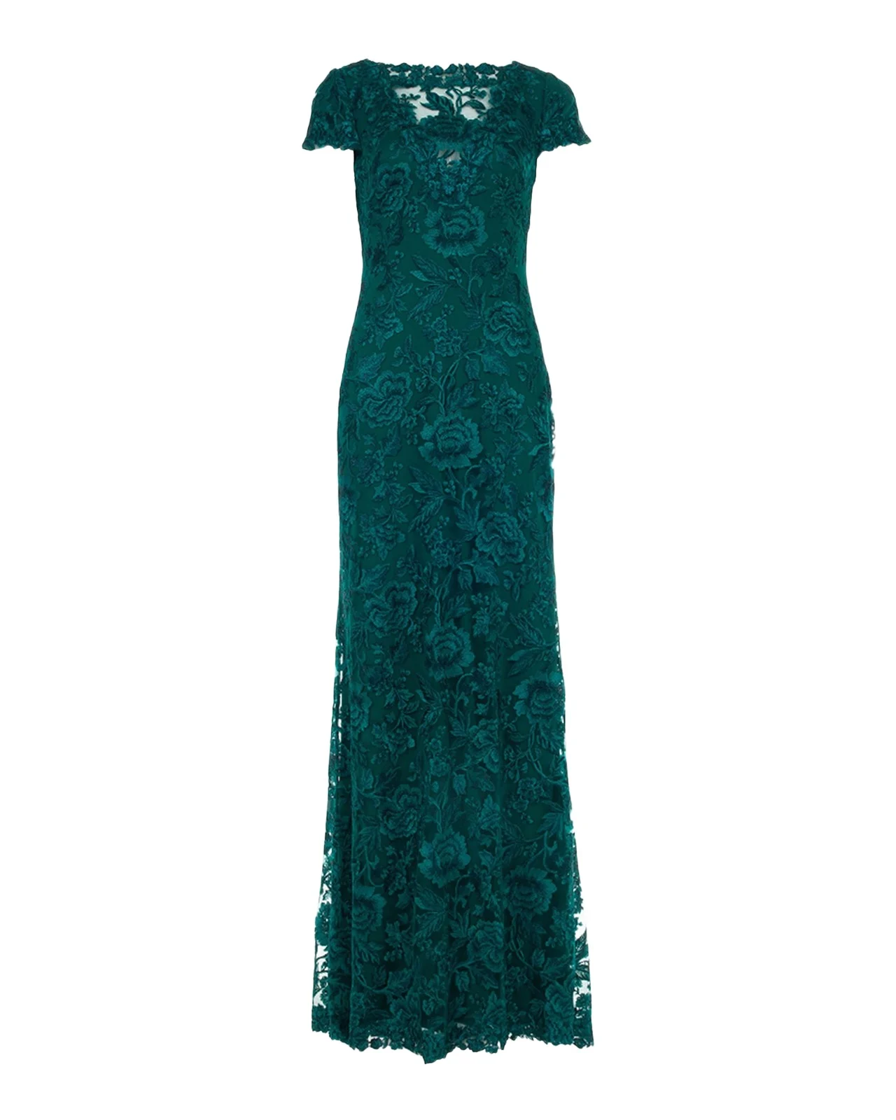 Short-Sleeve Embroidered Tulle Column Gown Short-Sleeve Embroidered Tulle Column Gown