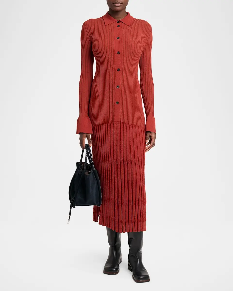 Proenza Schouler Rosario Wool Rib Drop-Waist Button-Front Midi Dress | Thumbnail 2 Proenza Schouler Rosario Wool Rib Drop-Waist Button-Front Midi Dress | Thumbnail 2