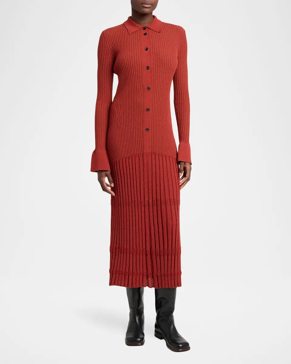 Proenza Schouler Rosario Wool Rib Drop-Waist Button-Front Midi Dress | Thumbnail 4 Proenza Schouler Rosario Wool Rib Drop-Waist Button-Front Midi Dress | Thumbnail 4