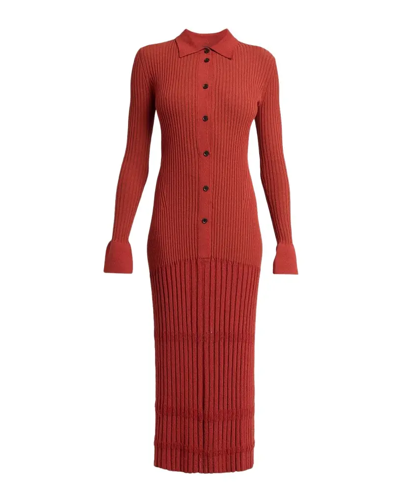 Proenza Schouler Rosario Wool Rib Drop-Waist Button-Front Midi Dress | Image 1 Proenza Schouler Rosario Wool Rib Drop-Waist Button-Front Midi Dress | Image 1