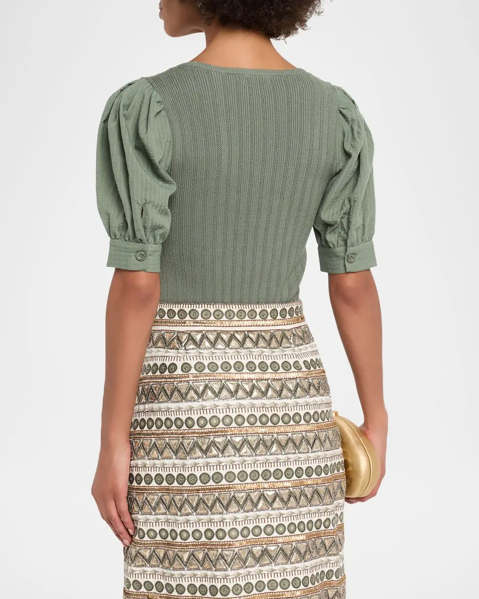 Elie Tahari The Kaeta Mixed Media Puff-Sleeve Sweater | Thumbnail 3 Elie Tahari The Kaeta Mixed Media Puff-Sleeve Sweater | Thumbnail 3