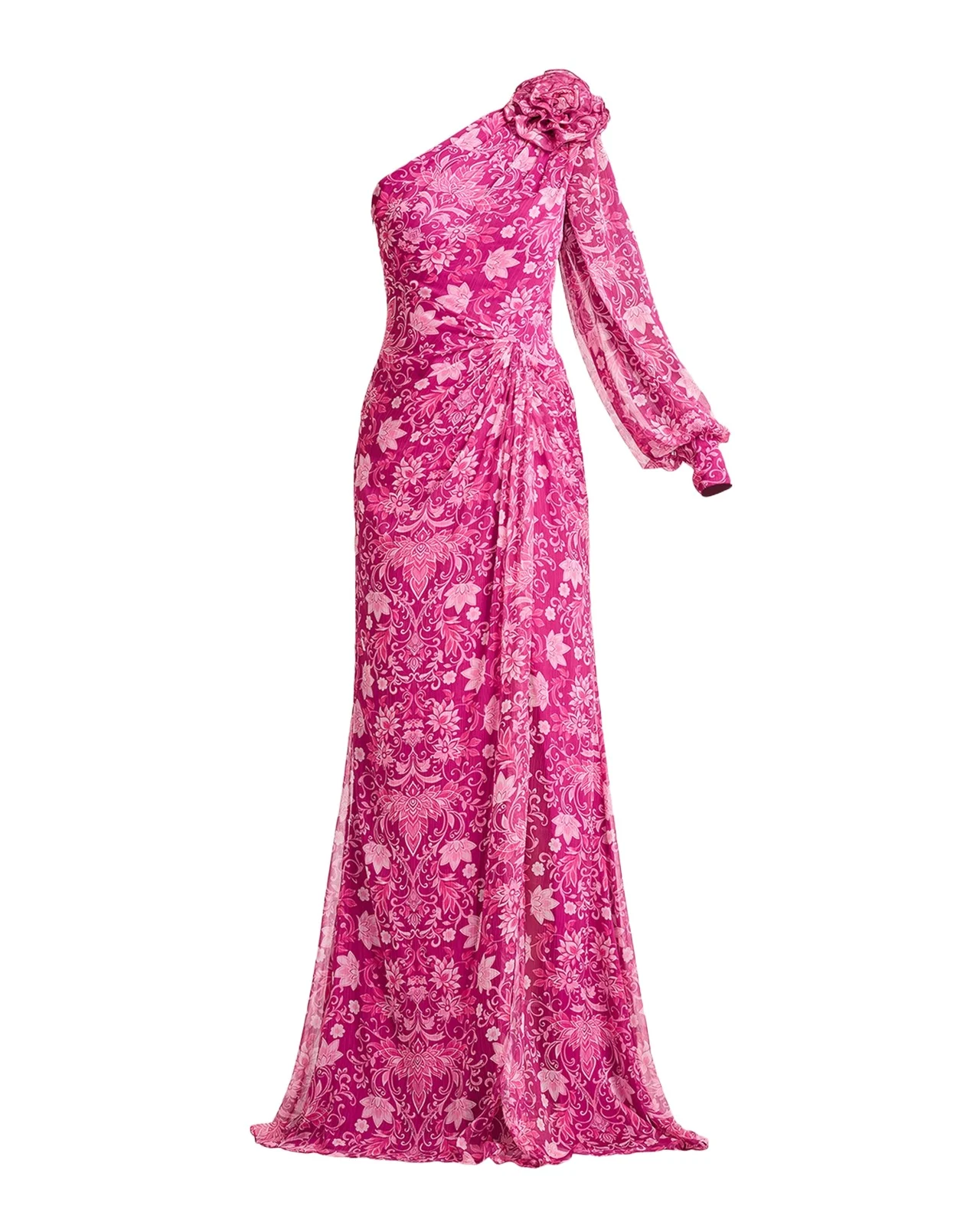 One-Shoulder Draped Floral Gown