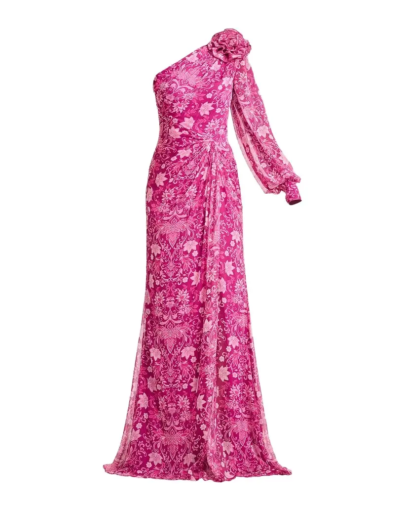 One-Shoulder Draped Floral Gown