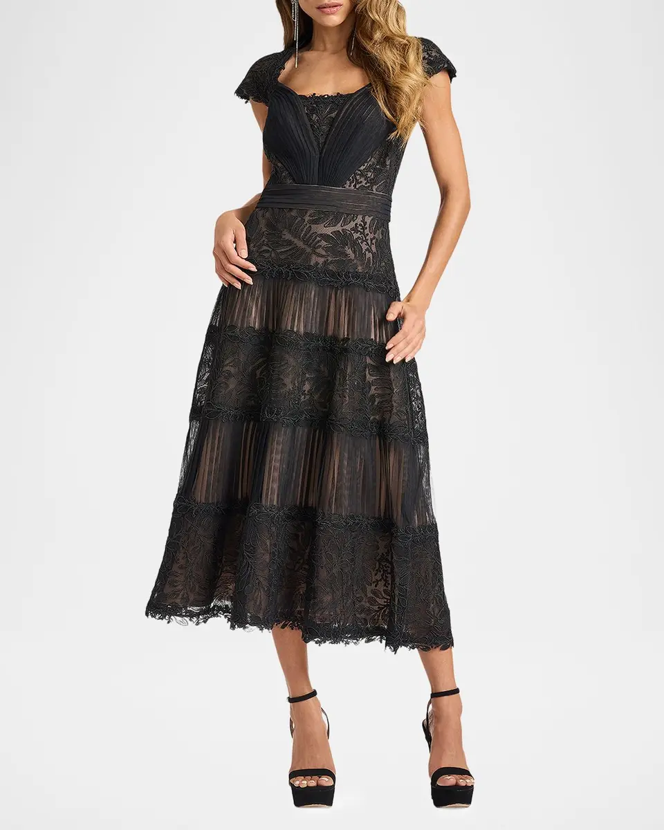 Tadashi Shoji Pleated Mesh & Textured Lace Midi Dress | Thumbnail 2 Tadashi Shoji Pleated Mesh & Textured Lace Midi Dress | Thumbnail 2