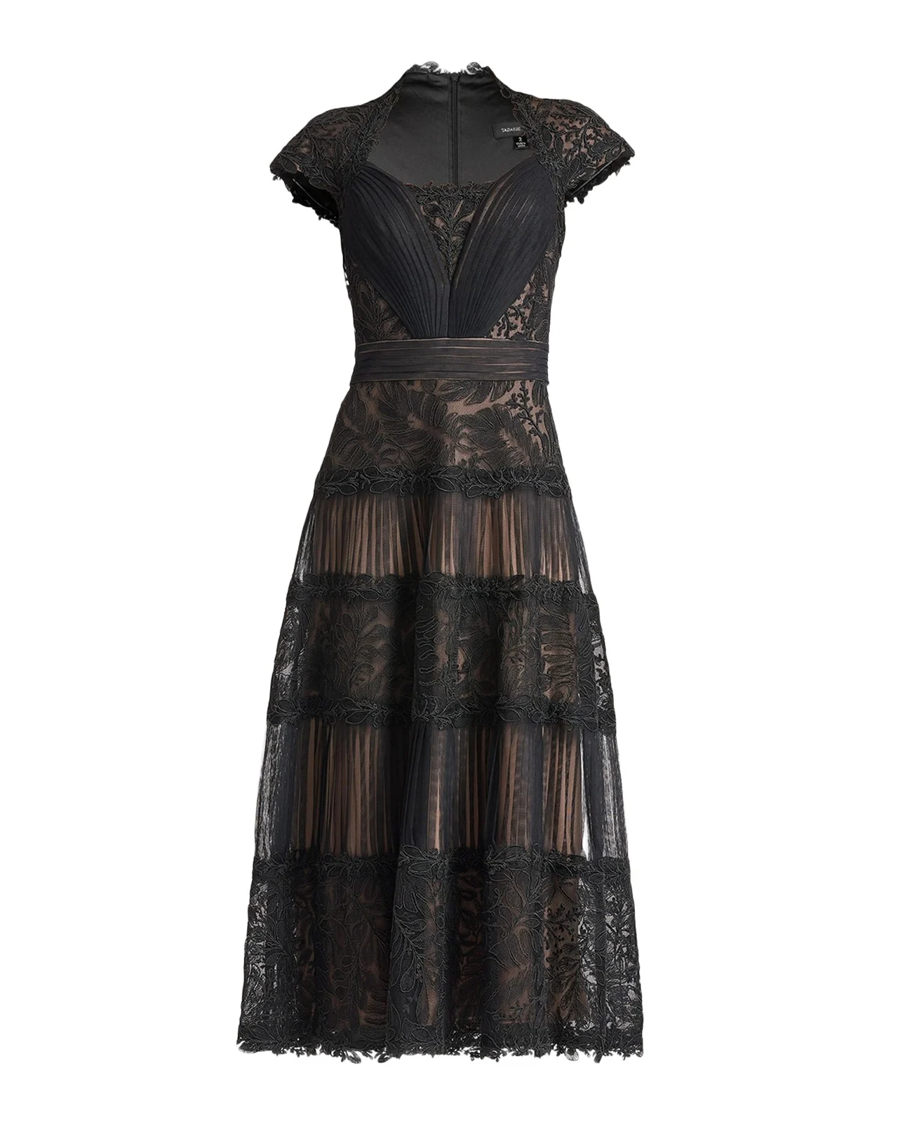 Pleated Mesh & Textured Lace Midi Dress