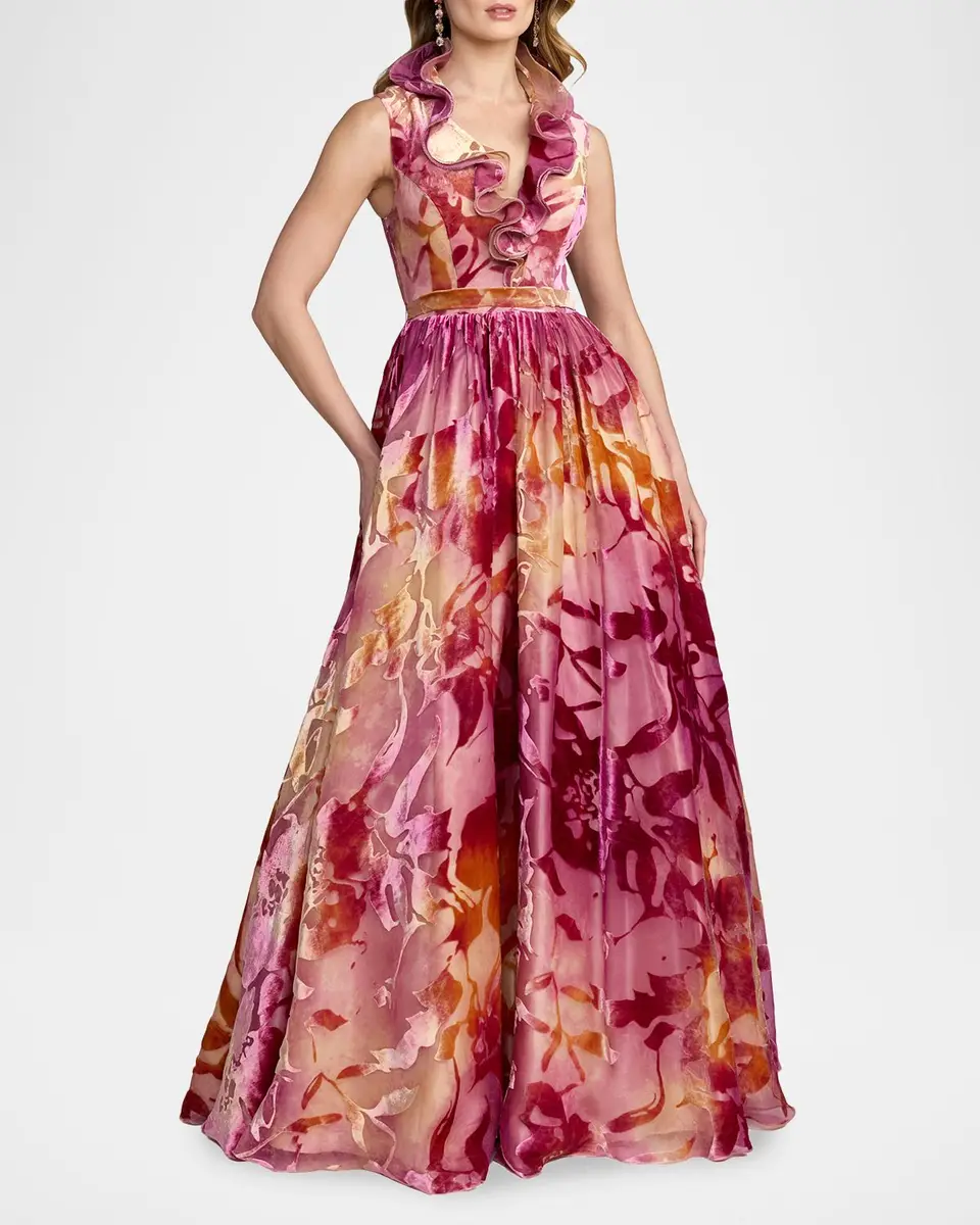 Mac Duggal Floral Burnout Organza Velvet Gown | Thumbnail 2 Mac Duggal Floral Burnout Organza Velvet Gown | Thumbnail 2