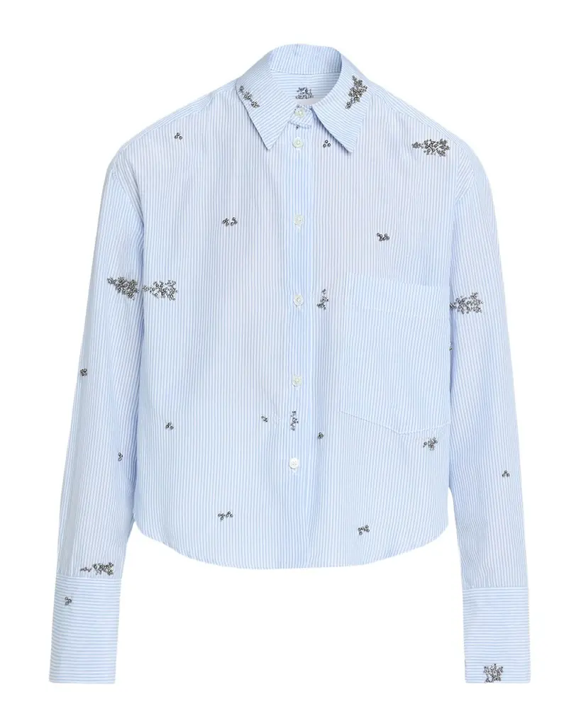 CISSA Embellished Striped Cropped Button-Front Shirt | Image 1 CISSA Embellished Striped Cropped Button-Front Shirt | Image 1