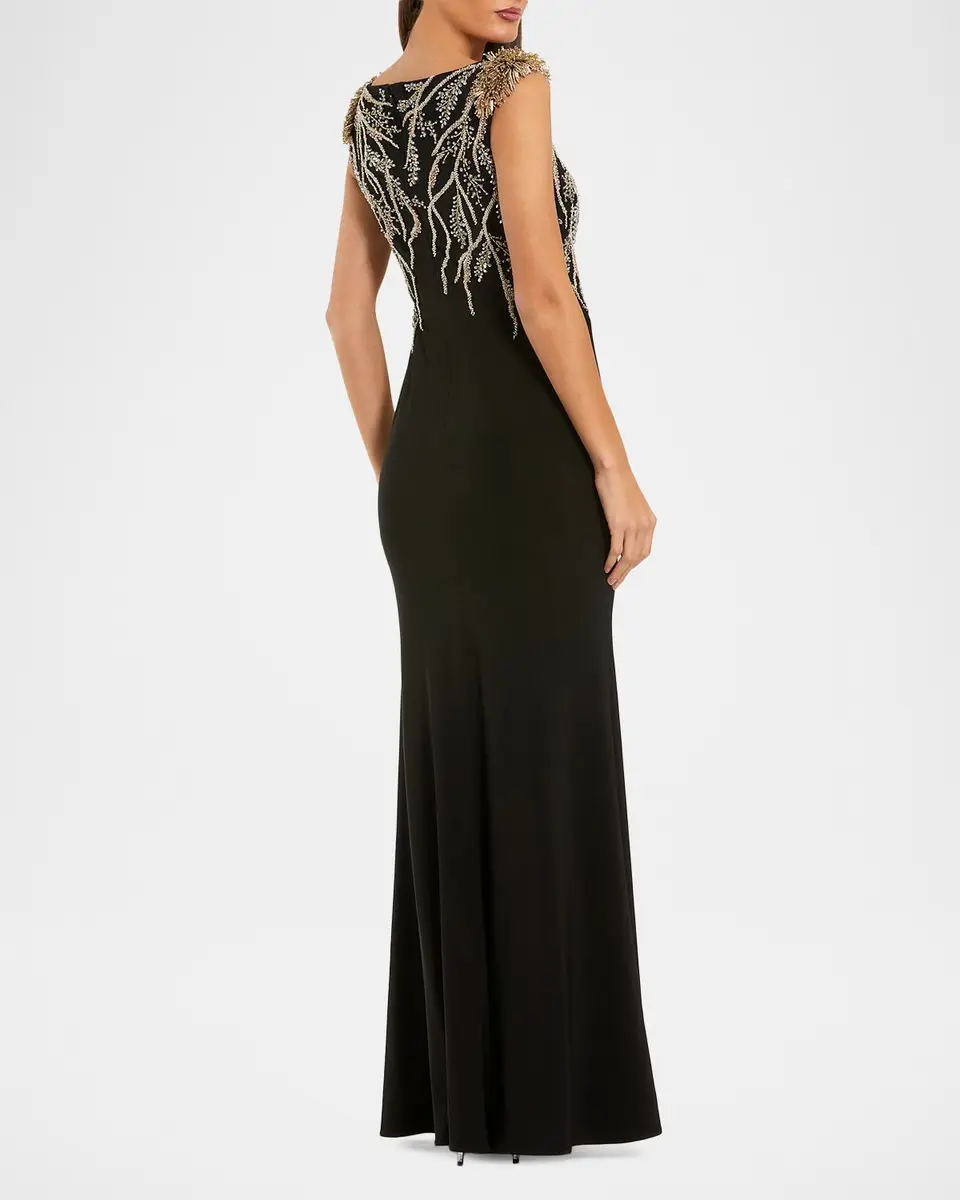 Mac Duggal Beaded Bateau-Neck Jersey Column Gown | Thumbnail 3 Mac Duggal Beaded Bateau-Neck Jersey Column Gown | Thumbnail 3