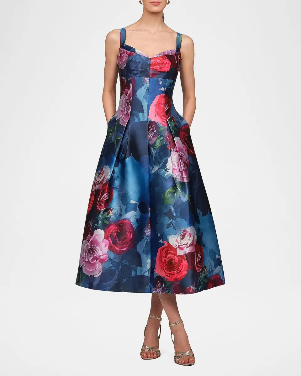 Kay Unger New York Adria Floral Satin Tea-Length Dress | Thumbnail 2 Kay Unger New York Adria Floral Satin Tea-Length Dress | Thumbnail 2