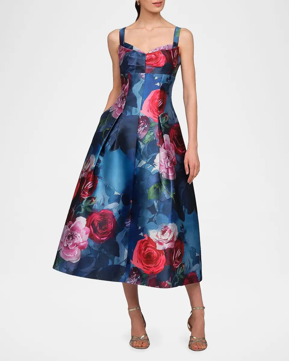Kay Unger New York Adria Floral Satin Tea-Length Dress | Thumbnail 4 Kay Unger New York Adria Floral Satin Tea-Length Dress | Thumbnail 4