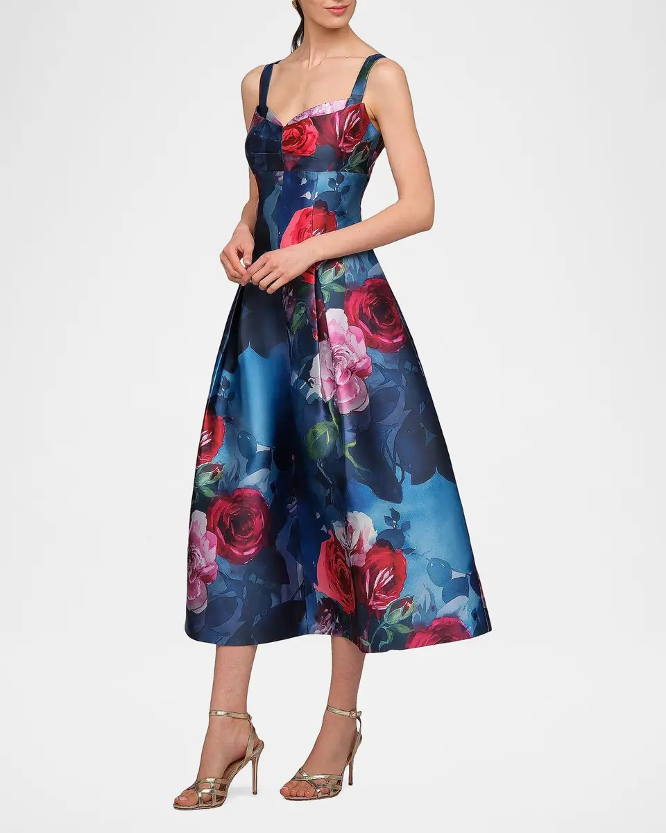 Kay Unger New York Adria Floral Satin Tea-Length Dress | Thumbnail 6 Kay Unger New York Adria Floral Satin Tea-Length Dress | Thumbnail 6