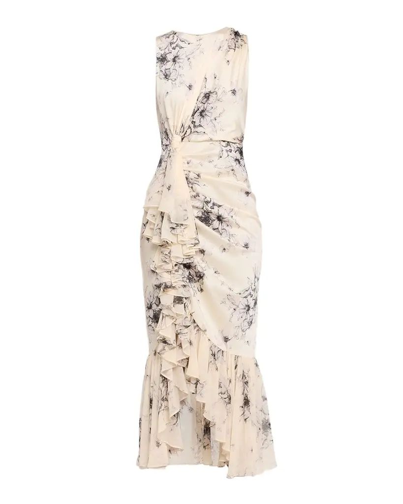 Cinq à Sept Cyrus Hand-Sketched Floral Ruffled Midi Dress | Image 1 Cinq à Sept Cyrus Hand-Sketched Floral Ruffled Midi Dress | Image 1