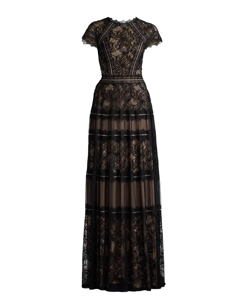 Tiered Scallop-Trim Lace Gown