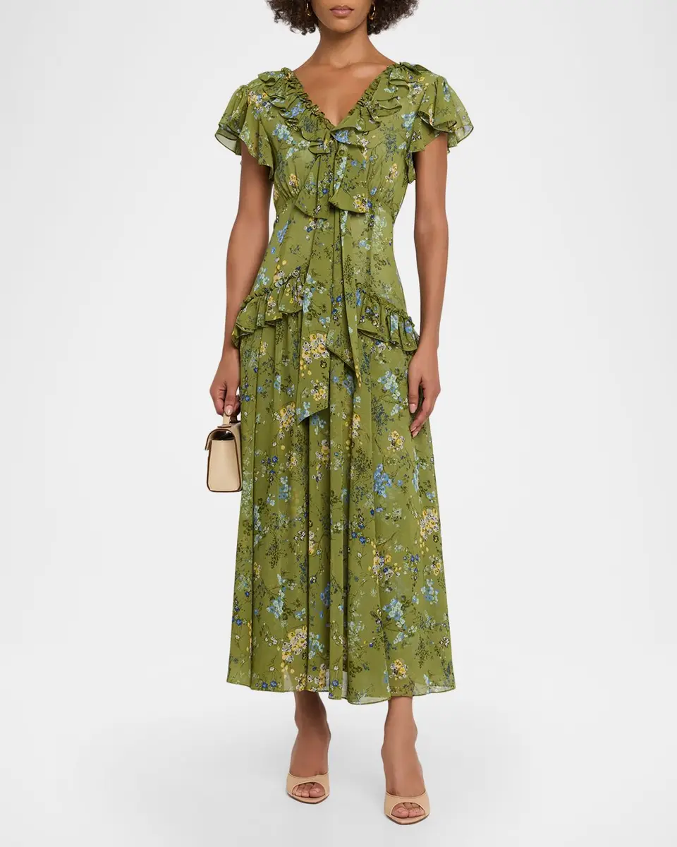 Cinq à Sept Windswept Floral Siv Ruffle Midi Dress | Thumbnail 2 Cinq à Sept Windswept Floral Siv Ruffle Midi Dress | Thumbnail 2