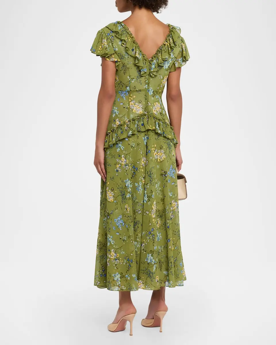 Cinq à Sept Windswept Floral Siv Ruffle Midi Dress | Thumbnail 3 Cinq à Sept Windswept Floral Siv Ruffle Midi Dress | Thumbnail 3