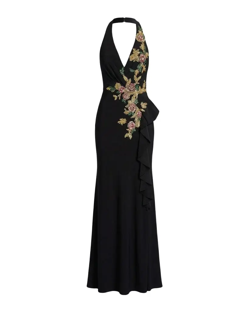 Mac Duggal Floral Beaded Plunging Halter Gown | Image 1 Mac Duggal Floral Beaded Plunging Halter Gown | Image 1