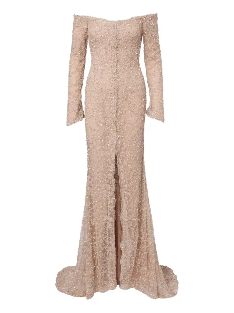Embellished off-shoulder lace gown