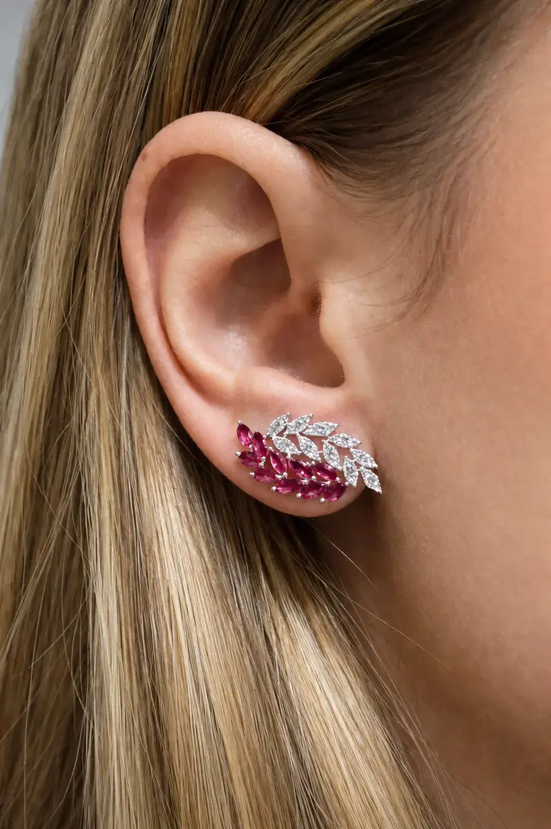 Wish Fine Jewelry 2.14cts Ruby Diamond 18K Gold Leaf Climber Earrings | Thumbnail 2