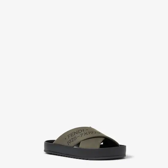 Fendi Double Leather and Gray Green Fabric Slides | Thumbnail 2 Fendi Double Leather and Gray Green Fabric Slides | Thumbnail 2