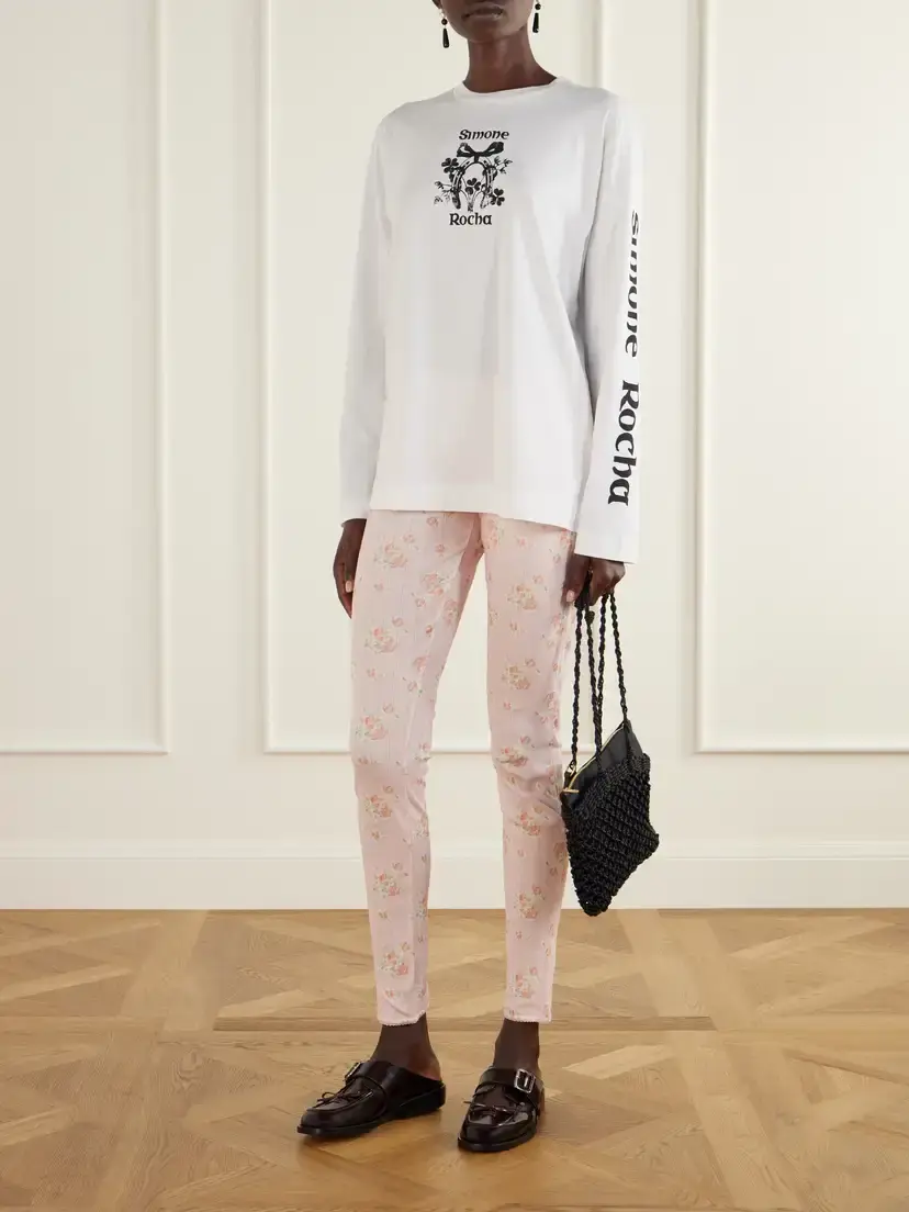 Simone Rocha Ruffled Floral-print Pointelle-knit Cotton-jersey Leggings | Thumbnail 2 Simone Rocha Ruffled Floral-print Pointelle-knit Cotton-jersey Leggings | Thumbnail 2