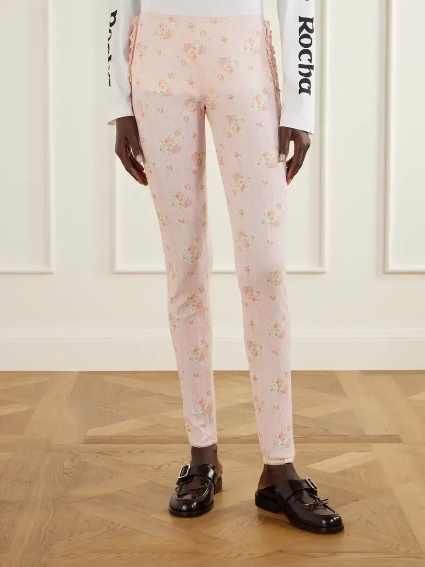 Simone Rocha Ruffled Floral-print Pointelle-knit Cotton-jersey Leggings | Thumbnail 3 Simone Rocha Ruffled Floral-print Pointelle-knit Cotton-jersey Leggings | Thumbnail 3
