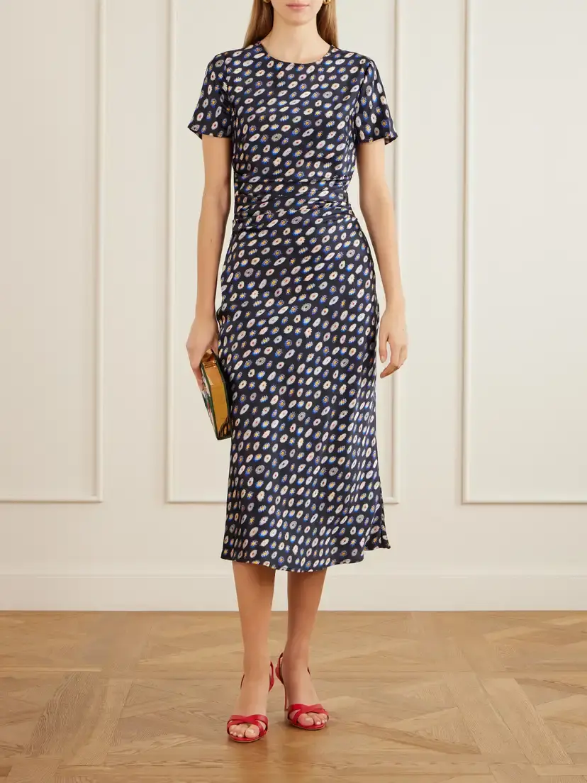 Staud Marcel Printed Ruched Silk-blend Satin Midi Dress | Thumbnail 2 Staud Marcel Printed Ruched Silk-blend Satin Midi Dress | Thumbnail 2