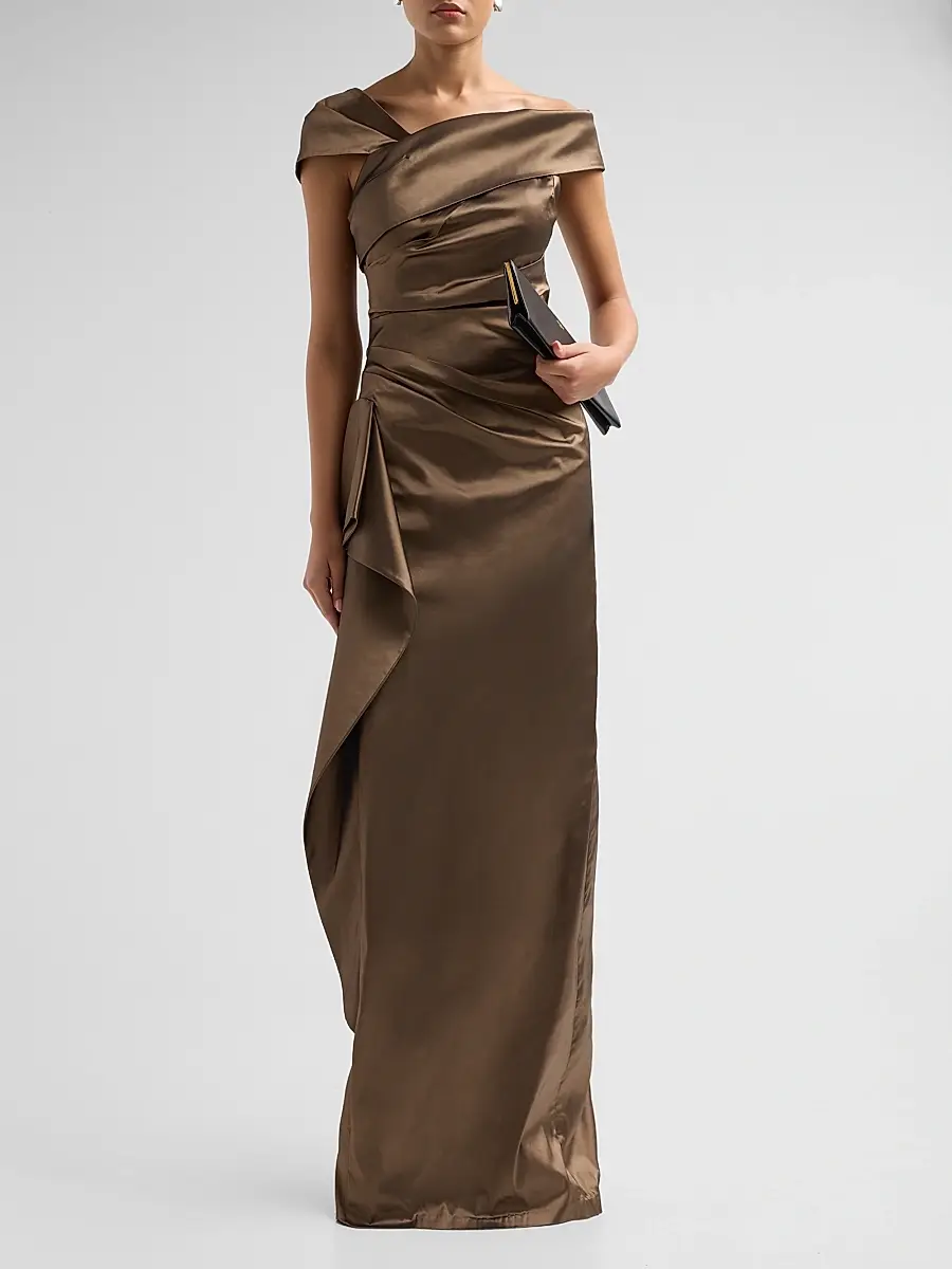Teri Jon by Rickie Freeman Women's Draped Woven Taffeta Column Gown | Thumbnail 2