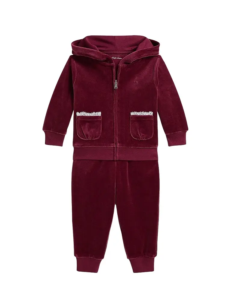 Polo Ralph Lauren Baby Girl's Velour Lace-Trimmed Sweatsuit - Aubergine 9 Months | Image 1 Polo Ralph Lauren Baby Girl's Velour Lace-Trimmed Sweatsuit - Aubergine 9 Months | Image 1