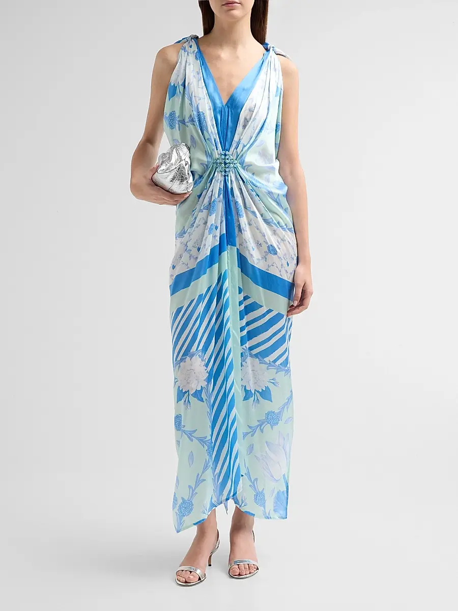VERANDAH Women's Bejewelled Hand-Knotted Drape Maxi Dress | Thumbnail 2