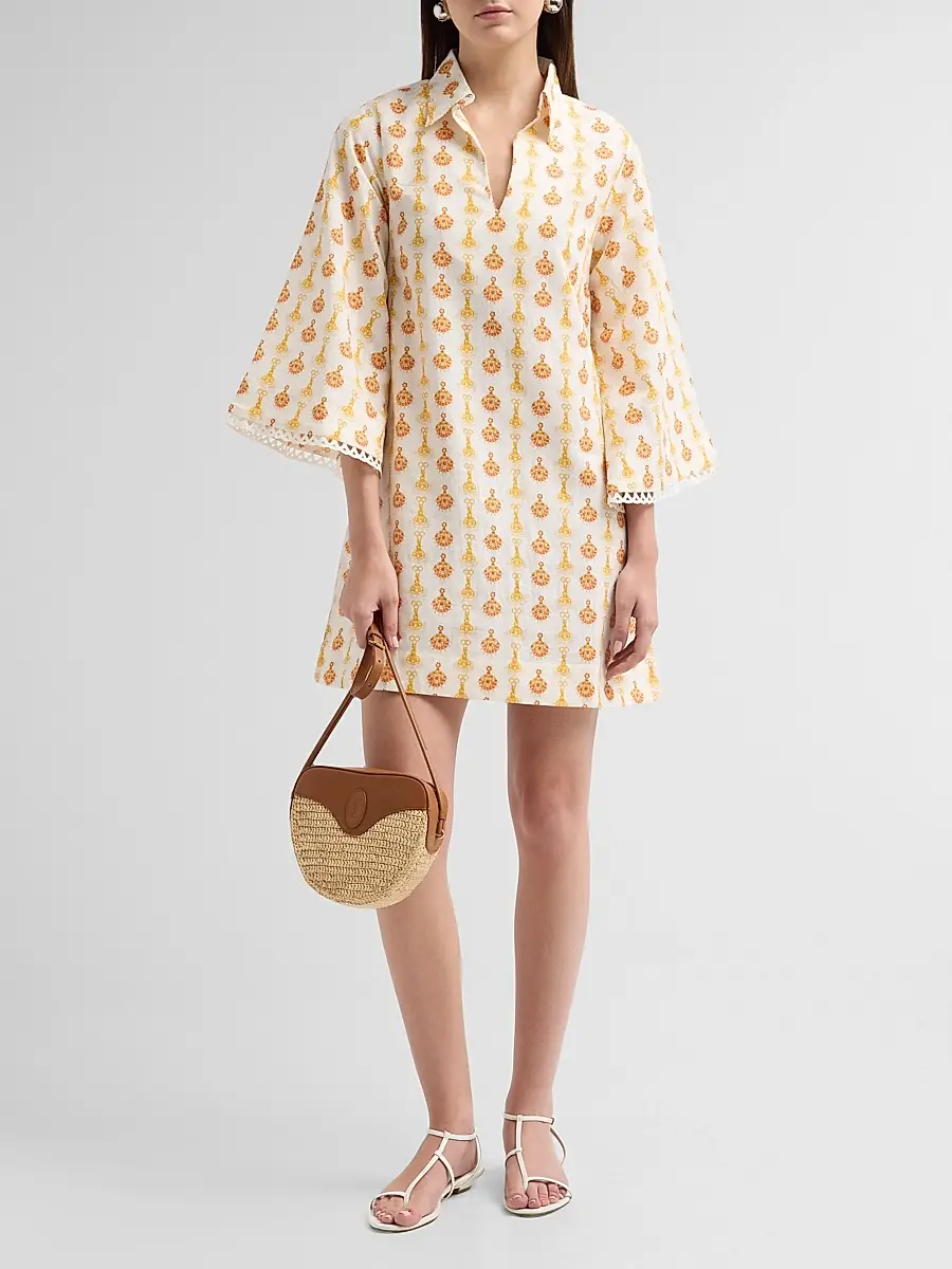 VERANDAH Women's Lotus Print Linen-Cotton Mini Kaftan Dress | Thumbnail 2 VERANDAH Women's Lotus Print Linen-Cotton Mini Kaftan Dress | Thumbnail 2
