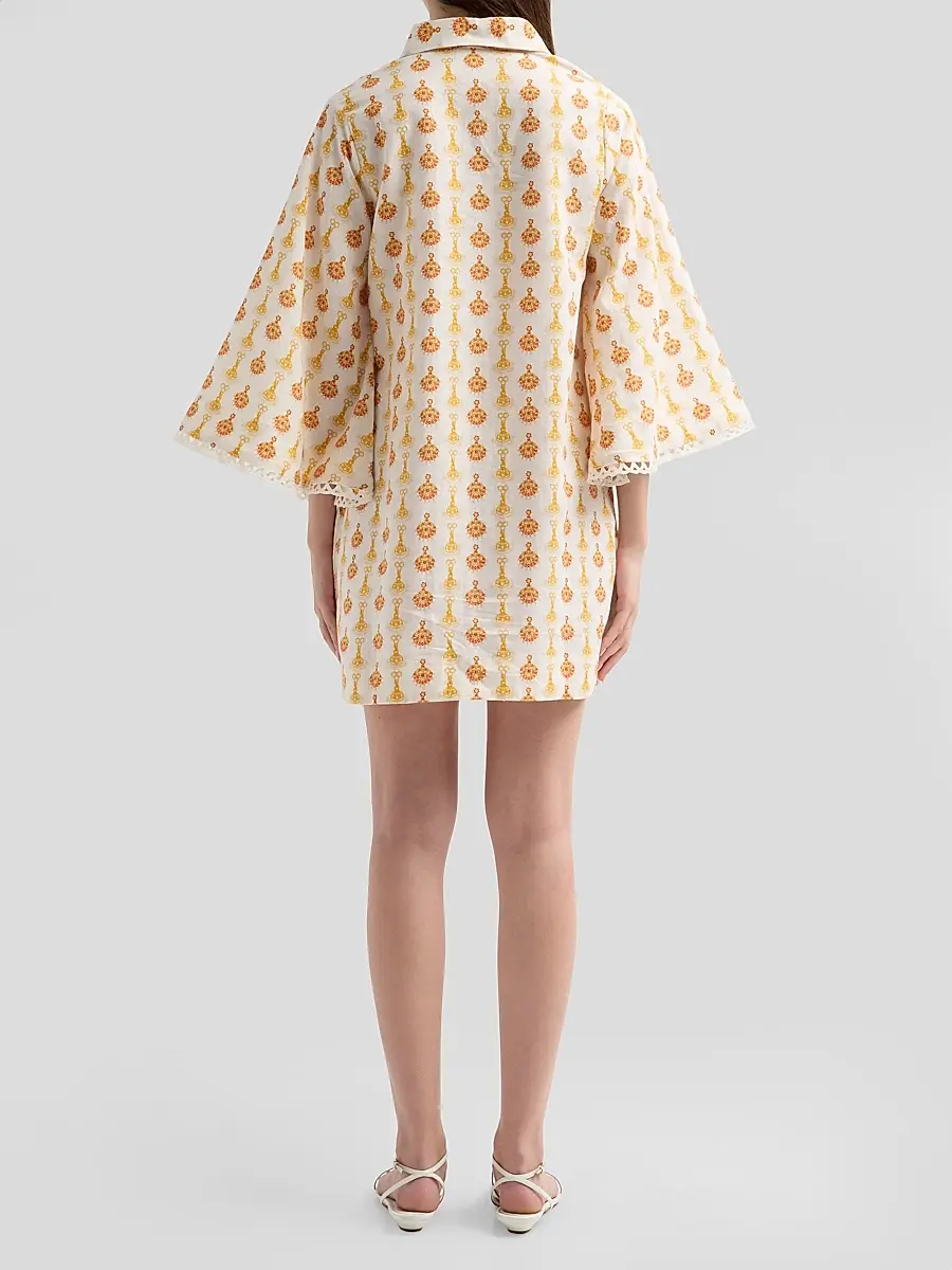 VERANDAH Women's Lotus Print Linen-Cotton Mini Kaftan Dress | Thumbnail 3 VERANDAH Women's Lotus Print Linen-Cotton Mini Kaftan Dress | Thumbnail 3