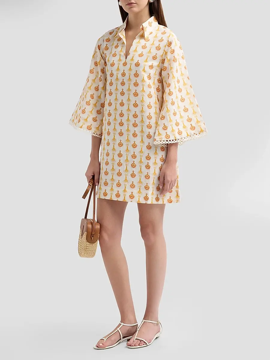 VERANDAH Women's Lotus Print Linen-Cotton Mini Kaftan Dress | Thumbnail 4 VERANDAH Women's Lotus Print Linen-Cotton Mini Kaftan Dress | Thumbnail 4