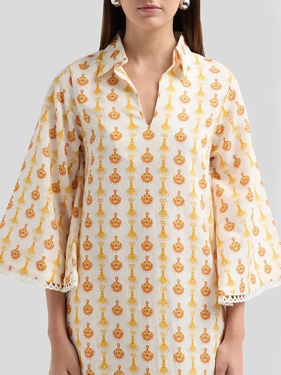 VERANDAH Women's Lotus Print Linen-Cotton Mini Kaftan Dress | Thumbnail 5 VERANDAH Women's Lotus Print Linen-Cotton Mini Kaftan Dress | Thumbnail 5