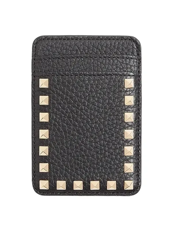 Women's Rockstud Magnetic Cardholder in Grainy Calfskin - Black Women's Rockstud Magnetic Cardholder in Grainy Calfskin - Black