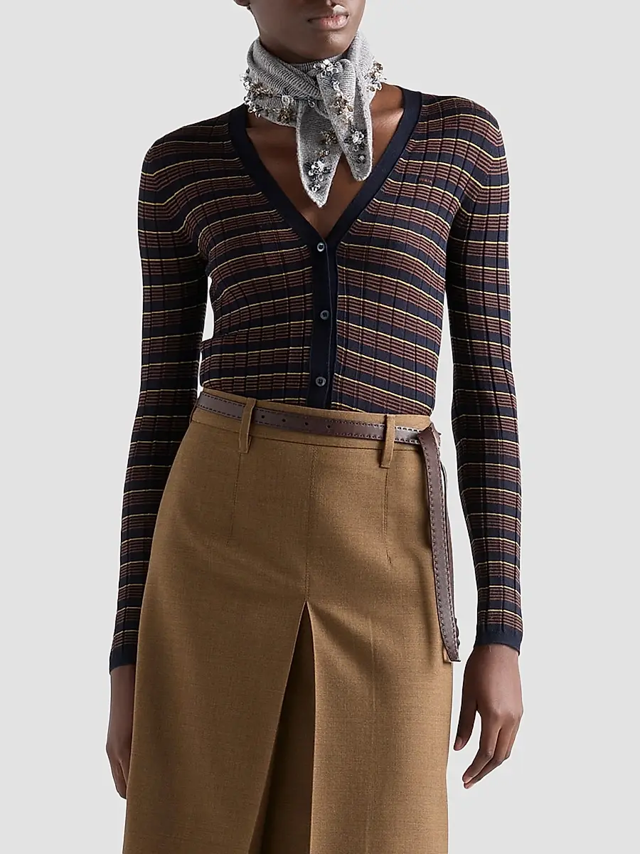 Prada Women's Striped Cashmere and Silk Cardigan - Blue | Thumbnail 2