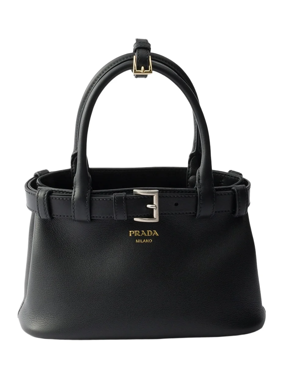 Women's Buckle Small Leather Top Handle Bag with Belt - Black Women's Buckle Small Leather Top Handle Bag with Belt - Black