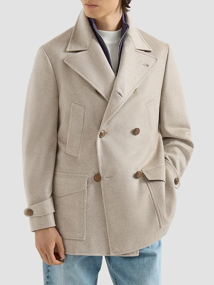Brunello Cucinelli Men's Cashmere Chevron Flannel Four-Pocket Peacoat | Thumbnail 2 Brunello Cucinelli Men's Cashmere Chevron Flannel Four-Pocket Peacoat | Thumbnail 2