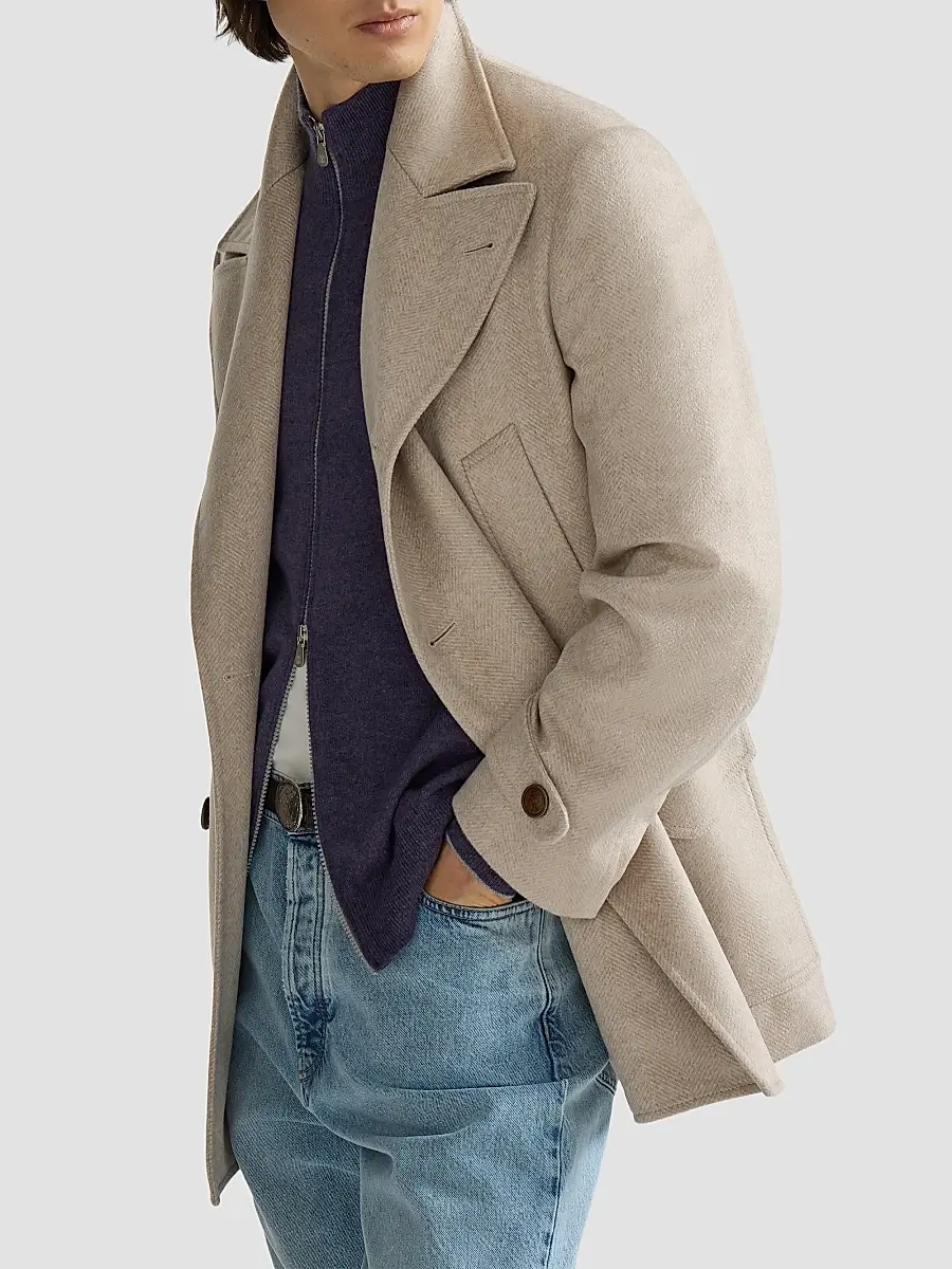Brunello Cucinelli Men's Cashmere Chevron Flannel Four-Pocket Peacoat | Thumbnail 3 Brunello Cucinelli Men's Cashmere Chevron Flannel Four-Pocket Peacoat | Thumbnail 3