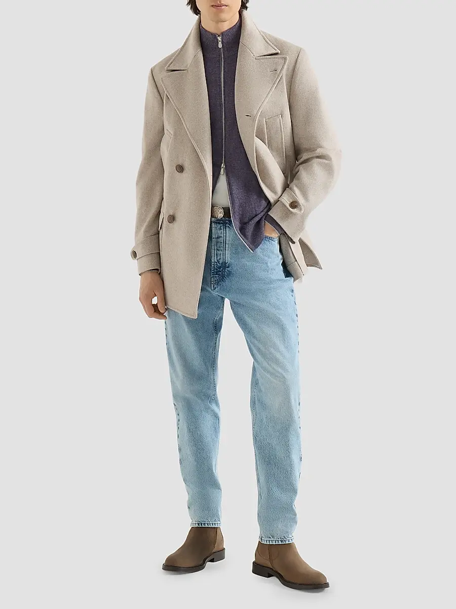 Brunello Cucinelli Men's Cashmere Chevron Flannel Four-Pocket Peacoat | Thumbnail 6 Brunello Cucinelli Men's Cashmere Chevron Flannel Four-Pocket Peacoat | Thumbnail 6