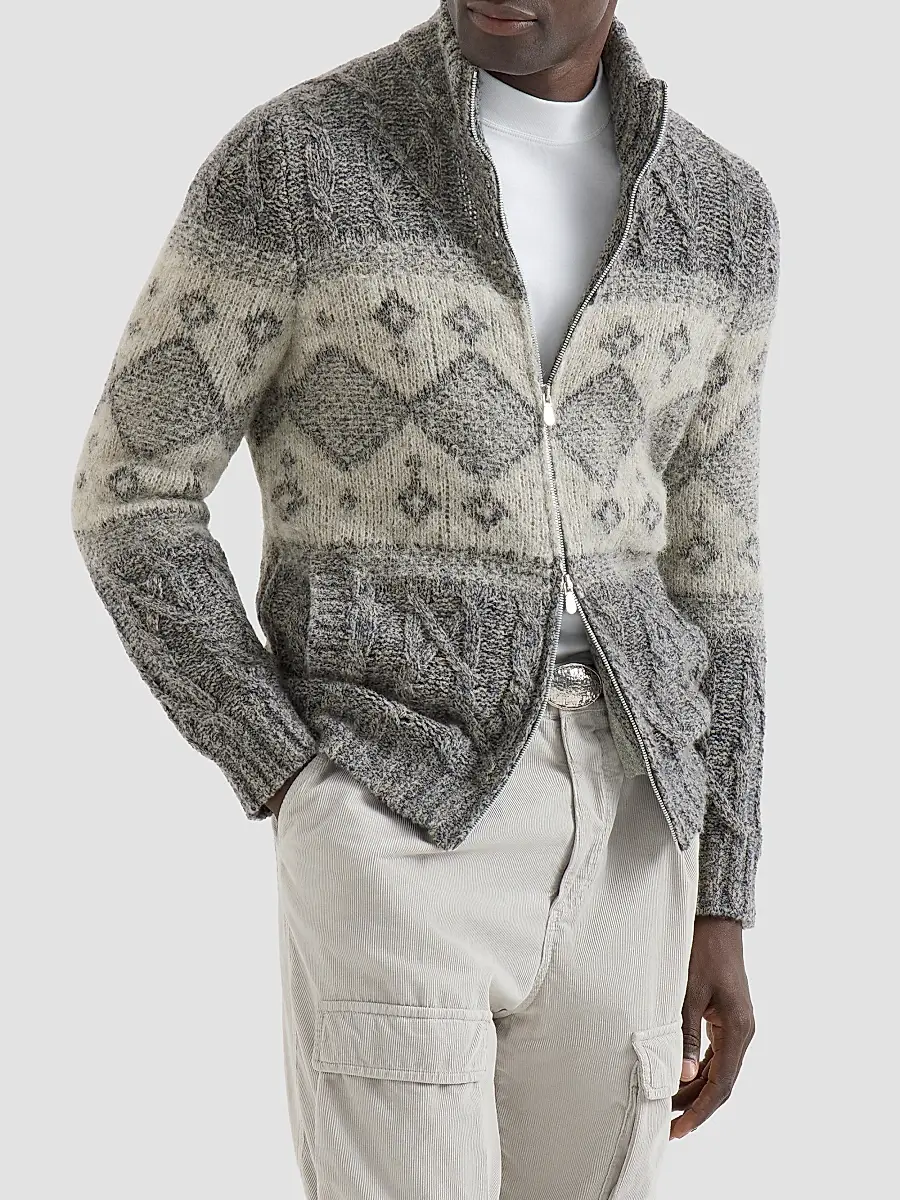Brunello Cucinelli Men's Virgin Wool, Silk and Cashmere Chiné Cable Knit Cardigan | Thumbnail 3 Brunello Cucinelli Men's Virgin Wool, Silk and Cashmere Chiné Cable Knit Cardigan | Thumbnail 3