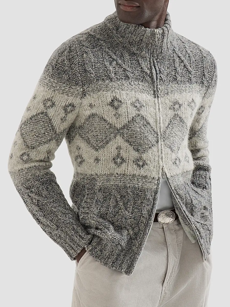 Brunello Cucinelli Men's Virgin Wool, Silk and Cashmere Chiné Cable Knit Cardigan | Thumbnail 5 Brunello Cucinelli Men's Virgin Wool, Silk and Cashmere Chiné Cable Knit Cardigan | Thumbnail 5