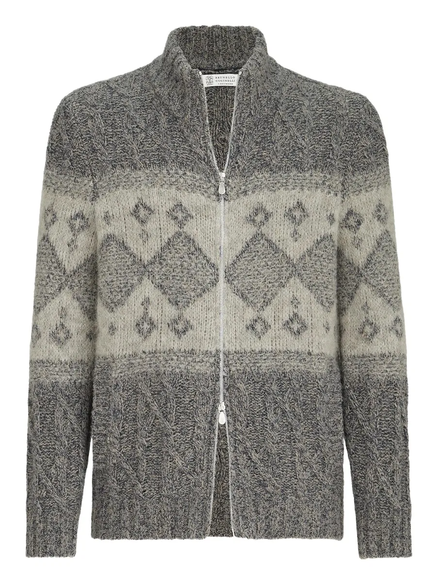 Men's Virgin Wool, Silk and Cashmere Chiné Cable Knit Cardigan Men's Virgin Wool, Silk and Cashmere Chiné Cable Knit Cardigan