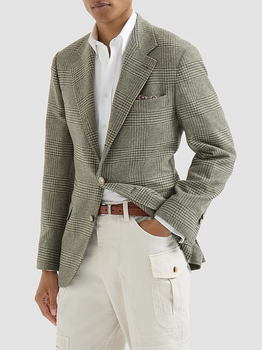 Brunello Cucinelli Men's Comfort Wool and Cashmere Prince of Wales Flannel Deconstructed Blazer | Thumbnail 2 Brunello Cucinelli Men's Comfort Wool and Cashmere Prince of Wales Flannel Deconstructed Blazer | Thumbnail 2