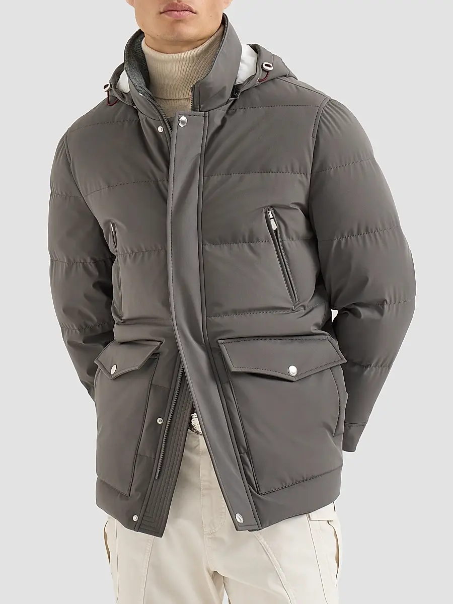 Brunello Cucinelli Men's Stretch Bonded Nylon Down Parka with Detachable Hood - Lead | Thumbnail 2 Brunello Cucinelli Men's Stretch Bonded Nylon Down Parka with Detachable Hood - Lead | Thumbnail 2