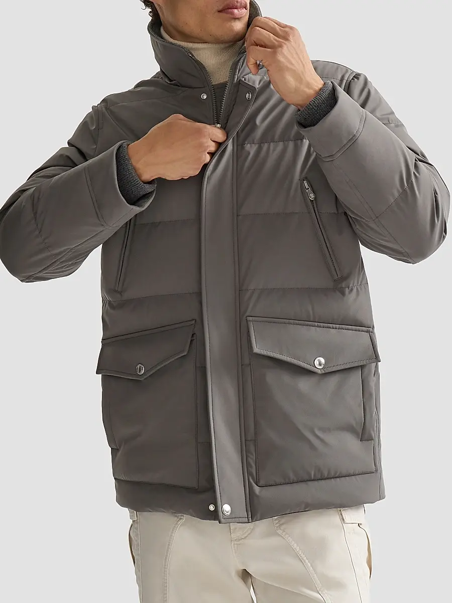Brunello Cucinelli Men's Stretch Bonded Nylon Down Parka with Detachable Hood - Lead | Thumbnail 5 Brunello Cucinelli Men's Stretch Bonded Nylon Down Parka with Detachable Hood - Lead | Thumbnail 5