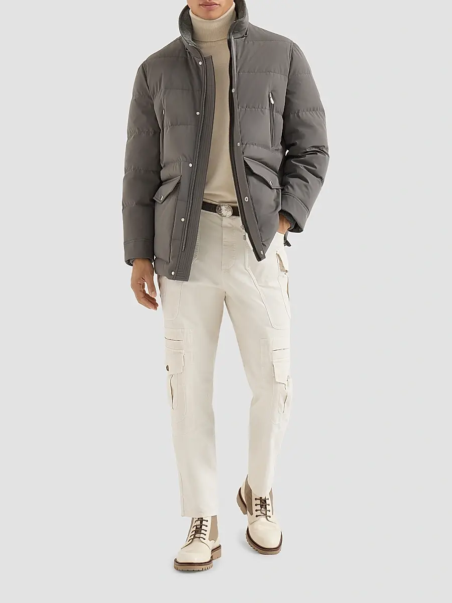 Brunello Cucinelli Men's Stretch Bonded Nylon Down Parka with Detachable Hood - Lead | Thumbnail 6 Brunello Cucinelli Men's Stretch Bonded Nylon Down Parka with Detachable Hood - Lead | Thumbnail 6